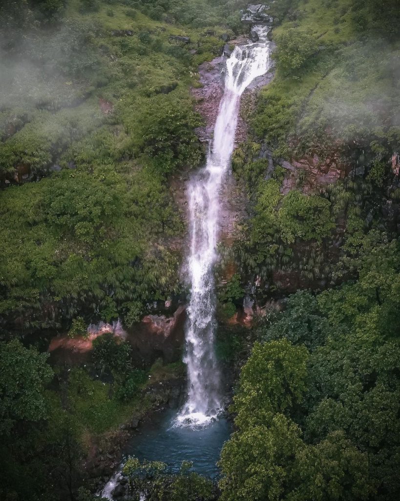 Висок водопад сред дървета