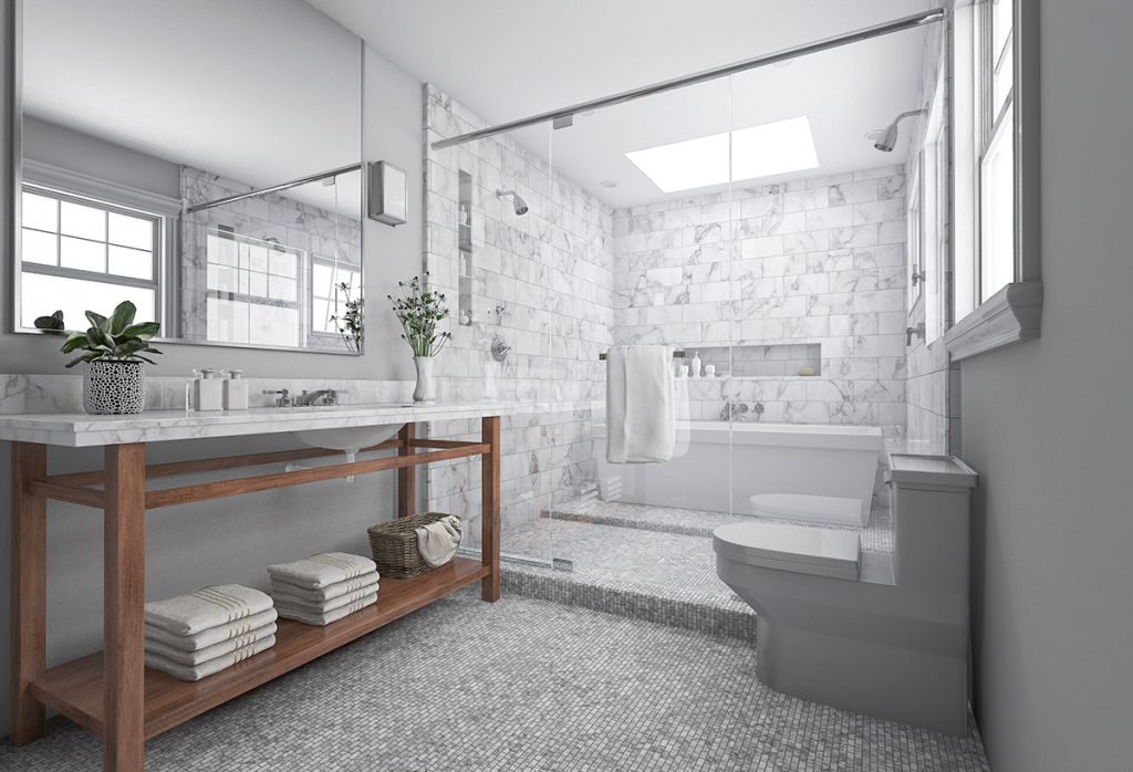 Красива баня в сиво и римски плочки на пода