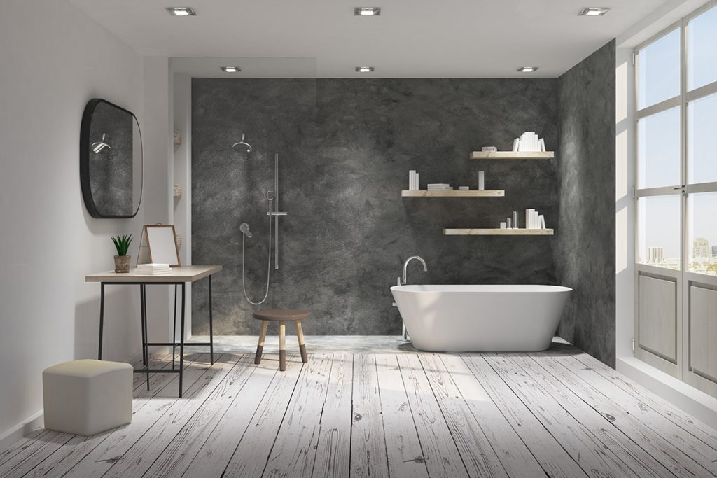 Красива баня с дървен под и черна стена