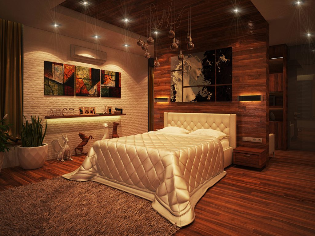 Модерна спалня със златиста кувертюра