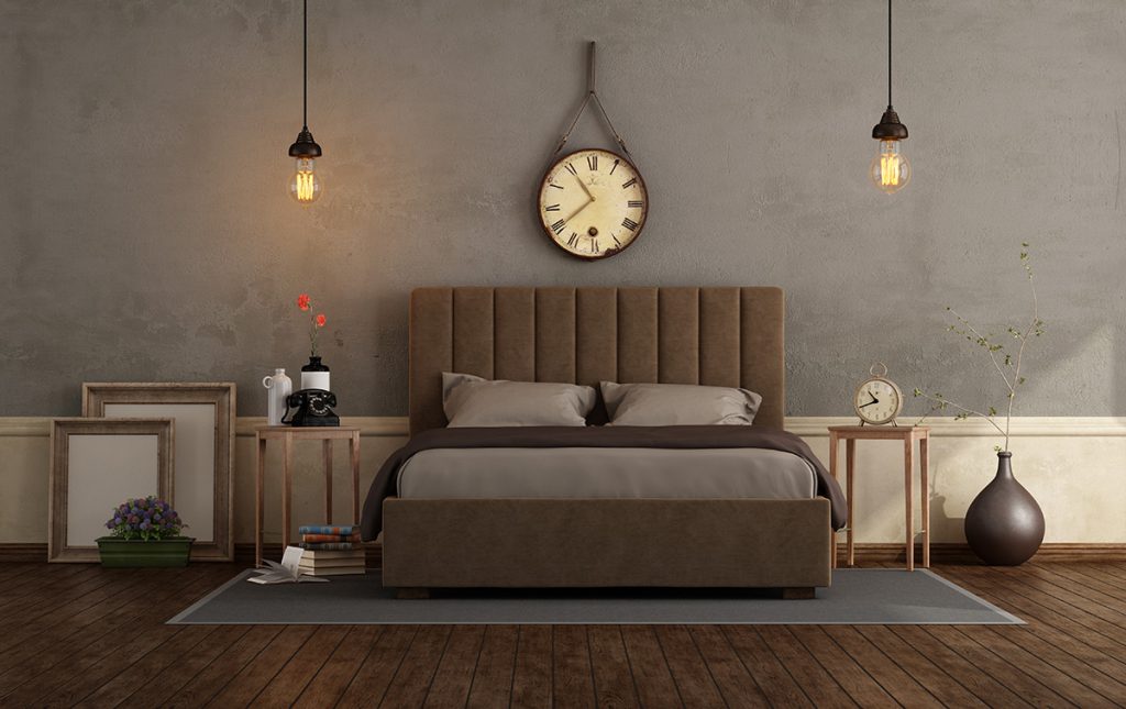 Спалня в кафяво с голям стенен часовник