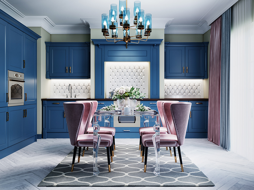 Луксозна кухня със сини мебели